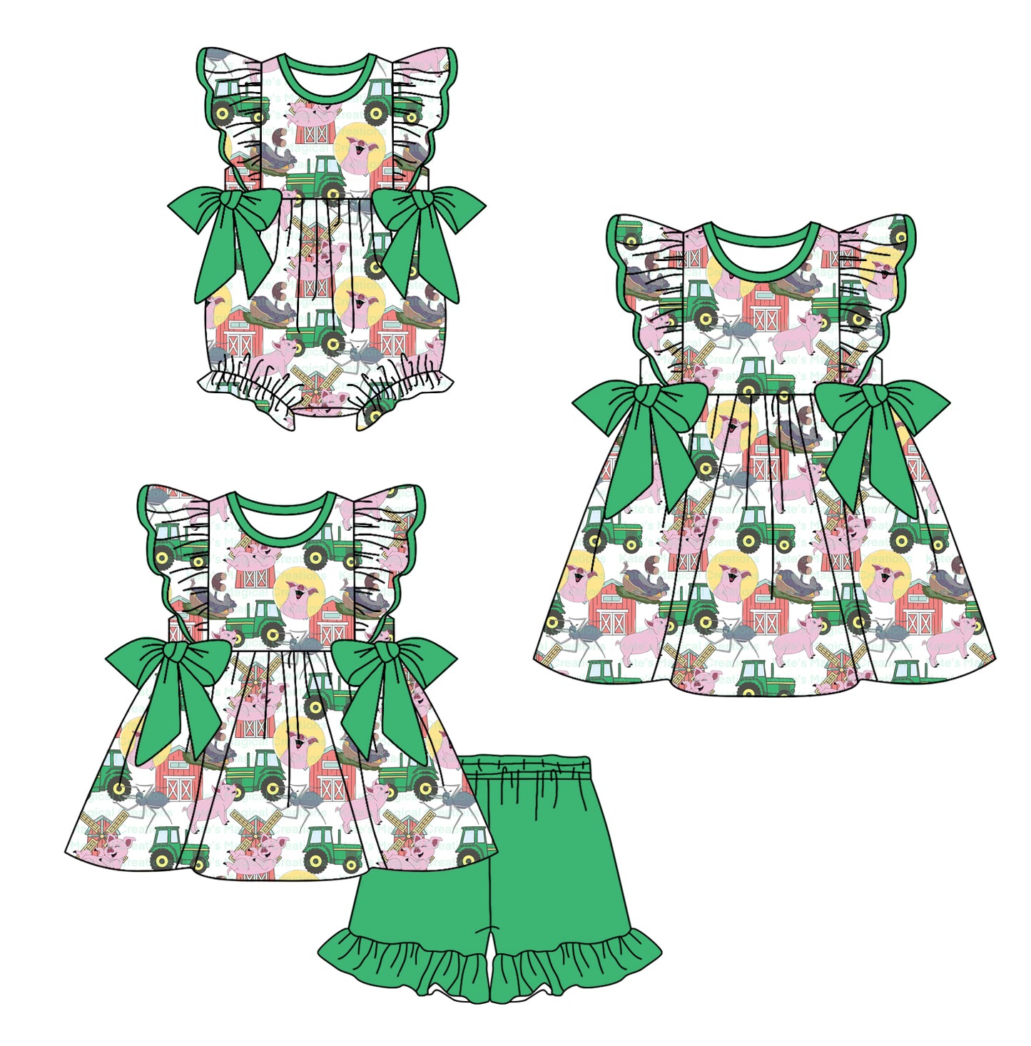 Baby Girl Short Sleeves Farm Bows Sibling Romper Dress Clothes Set ( Moq 5 Each Design ) 11.30