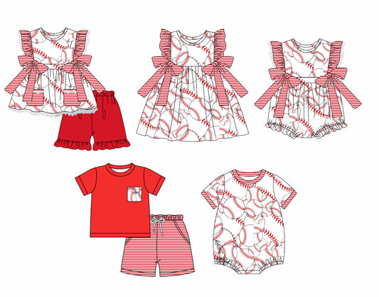 Baby Boy Girl Short Sleeves Baseball Sibling Dress Romper Clothes Set ( Moq 5 Each style )12.2
