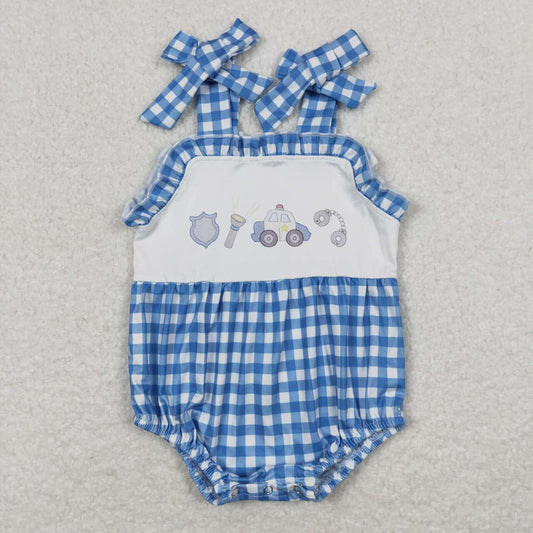 Baby Girl Sleeveless Police Blue Plaid Bubble One Piece Summer Romper