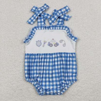 Baby Boy Sleeveless Police Blue Plaid Bubble One Piece Summer Romper