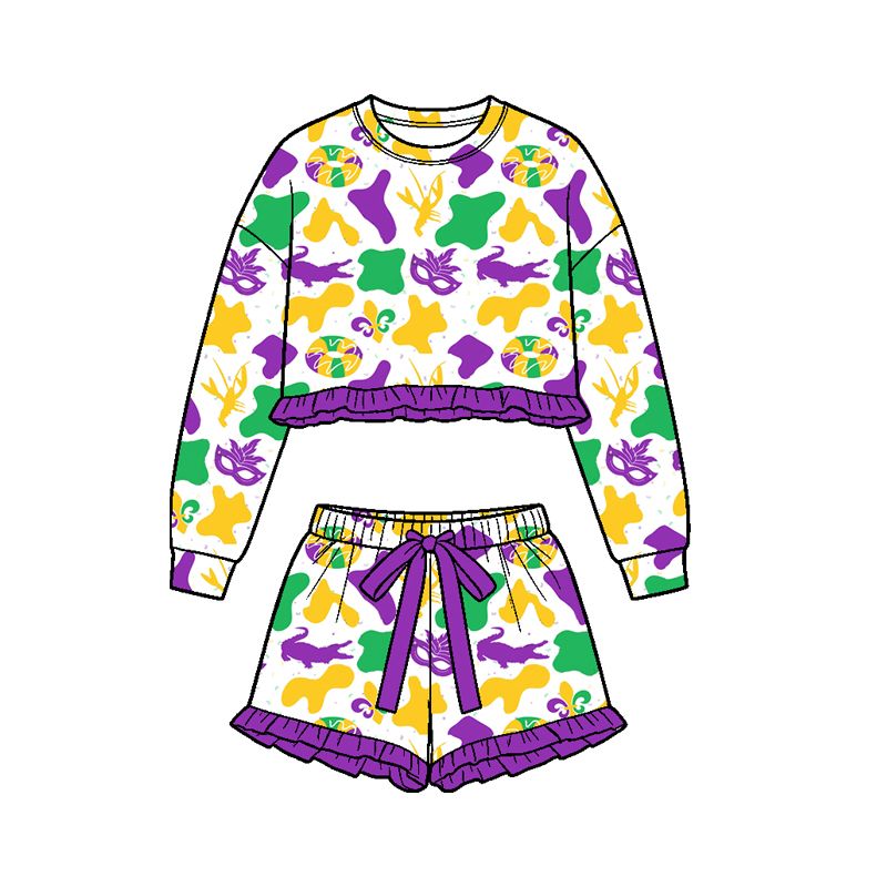 ( Moq 5 ) Preorder Baby Girls Kids Tractors Donuts Camo Shirt Shorts Set Mardi Gras Clothes