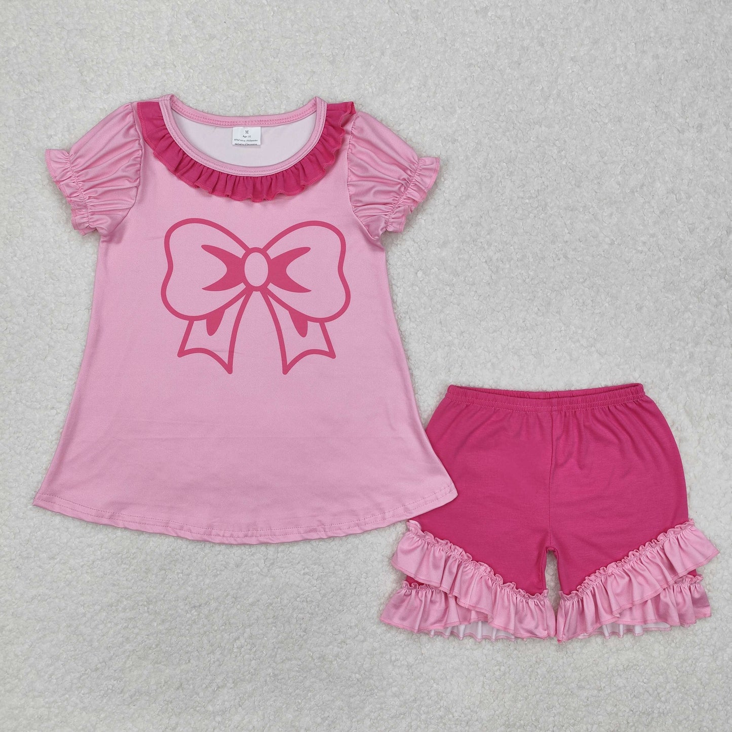 RTS Baby Girl Short Sleeves Bow Tops Ruffle Shorts Clothes Pink Set