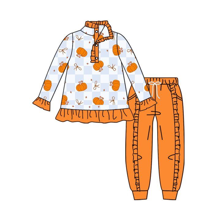 ( Moq 5 ) Preorder Baby Girls Kids Pumpkins Bows Buttons Pullover Orange Pockets Pants Fall Set Clothes