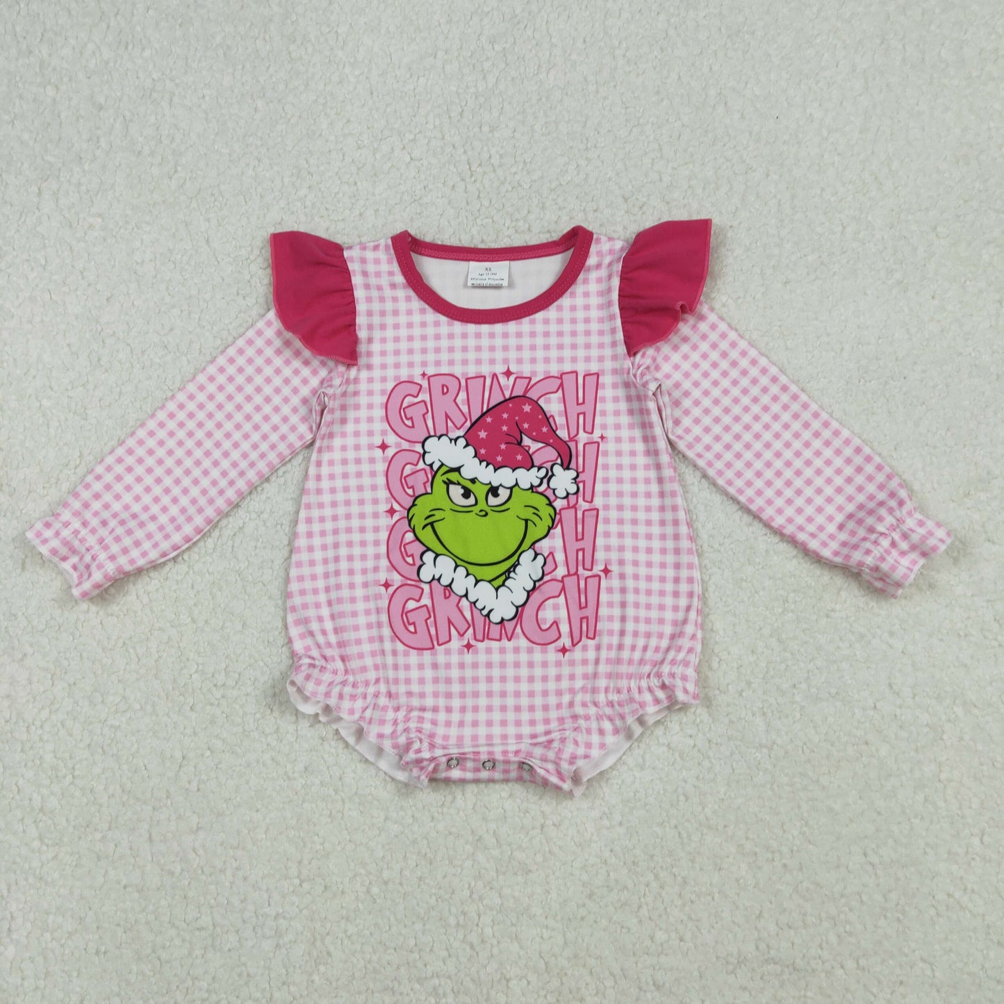 Baby Girl Long Sleeves Green Face Christmas Pink Bubble Romper RTS