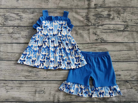 ( Moq 5  ) Baby Girl Sleeveless Bows Tunic Blue Ruffle Shorts Set
