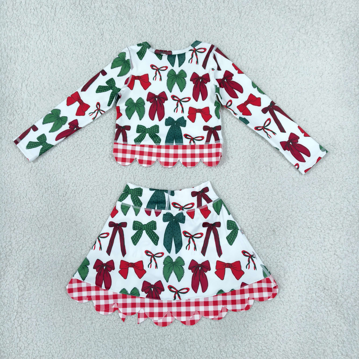 Baby Girls Kids Long Sleeves Christmas Bows Shirt Scallop Skirt Shorts Yoga Active Set Clothes RTS