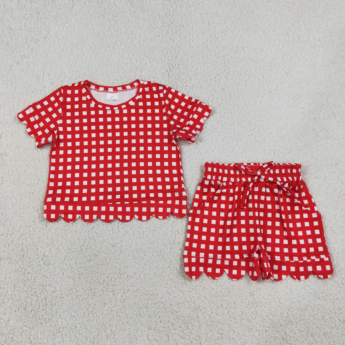 Baby Girls Kids Short Sleeves Red Plaid Shirt Scallop Shorts Set Clothes RTS
