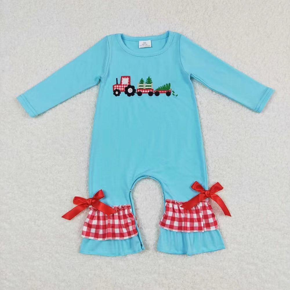 LR0500 Baby Boy Long Sleeves Christmas Embroidery Truck Tree One Piece Romper