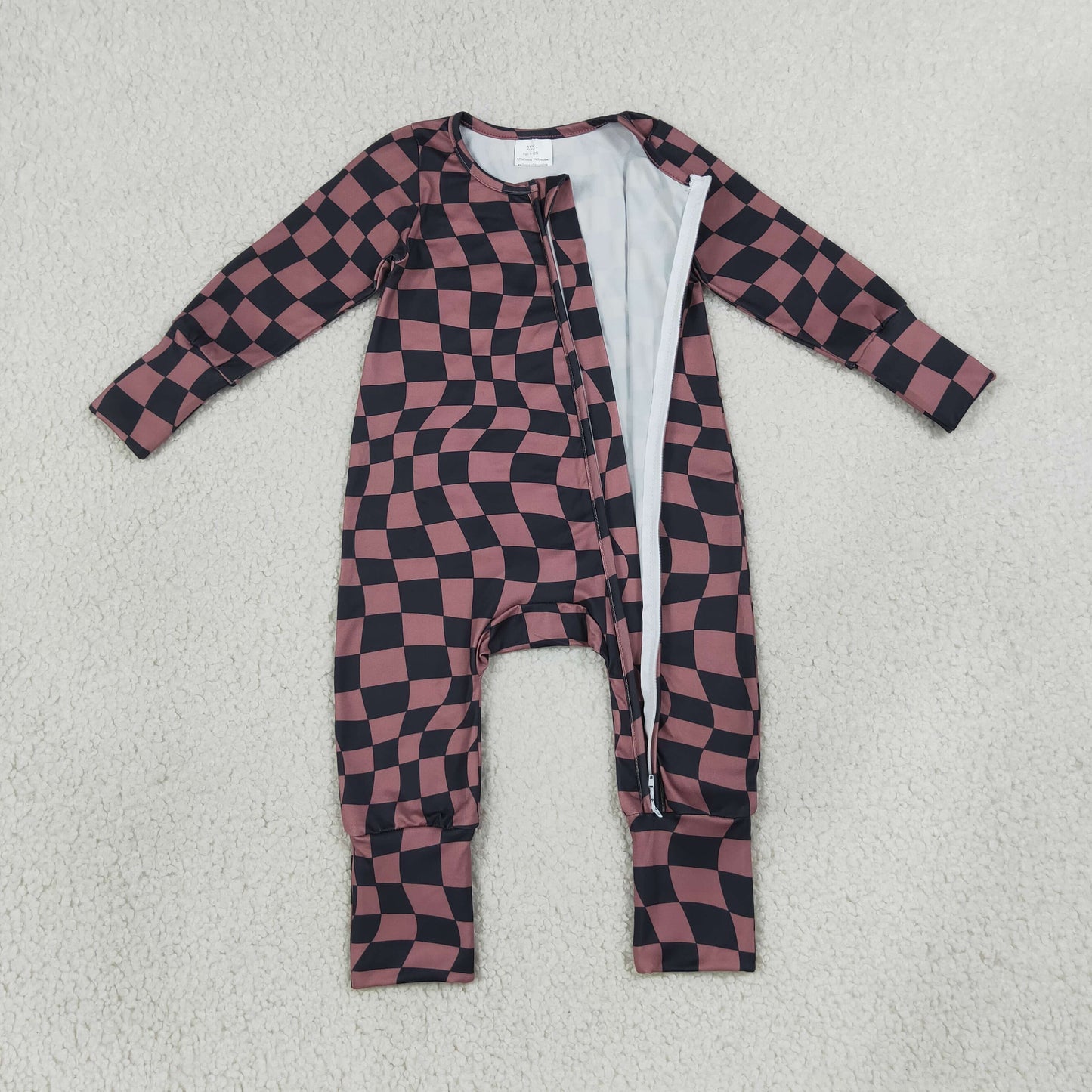Baby Boys Kids Long Sleeves Brown Black Plaid Zipper Footie Sleeper Romper Clothes RTS