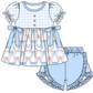 Baby Girl Short Sleeves Bows Plaid Blue Sibling Romper Dress Clothes Set ( Moq 5 Each Design )