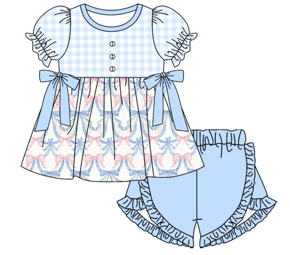 Baby Girl Short Sleeves Bows Plaid Blue Sibling Romper Dress Clothes Set ( Moq 5 Each Design )