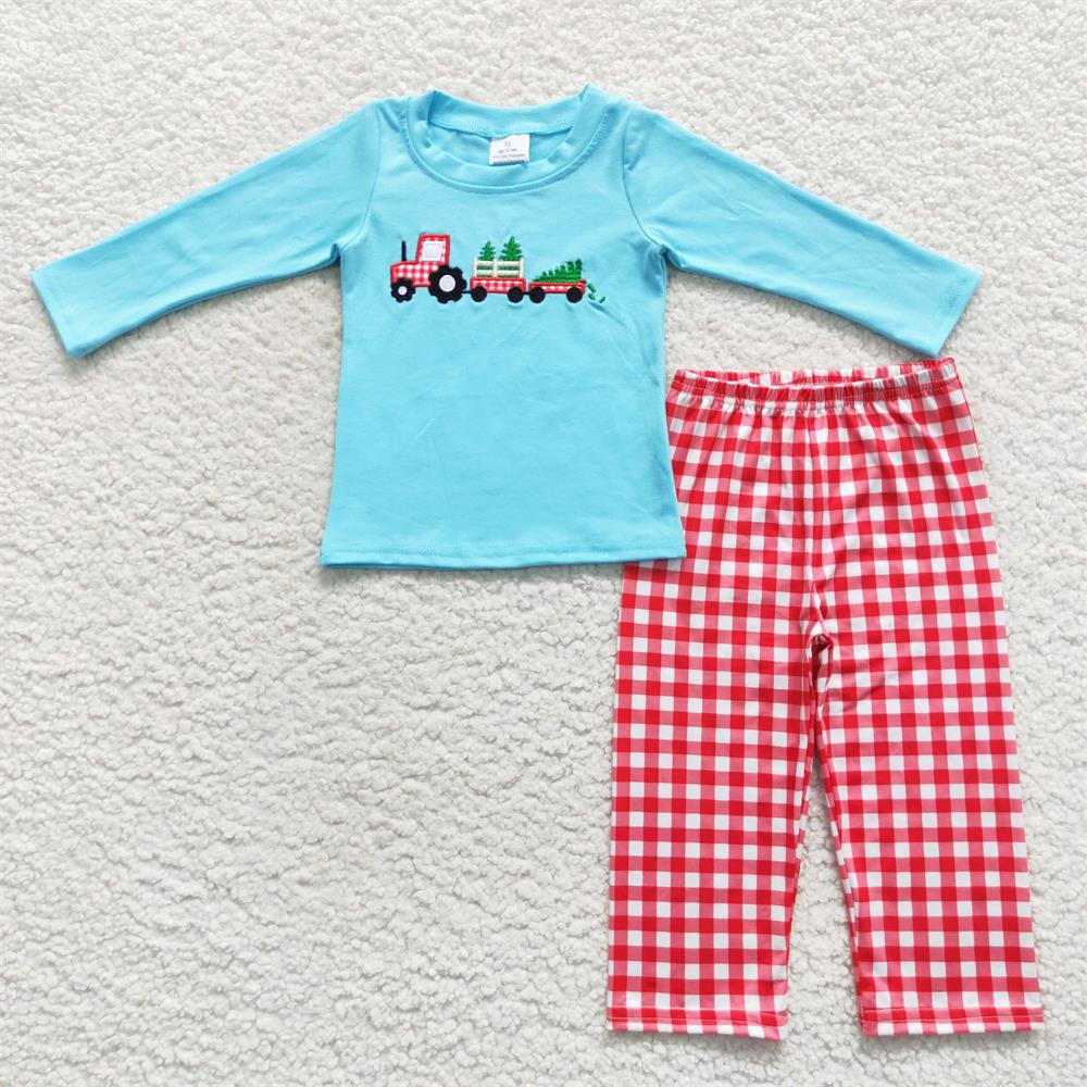 GLP0609 Baby Girl Christmas Embroidery Truck Tree Long Sleeves Tunic Red Plaid Pants Outfit Pajamas