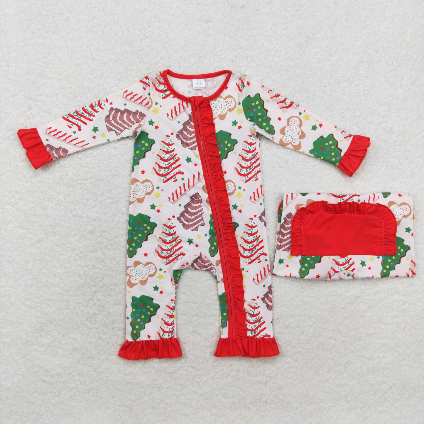 Baby Girl Long Sleeves Christmas Cake Trees Zipper Bamboo Romper