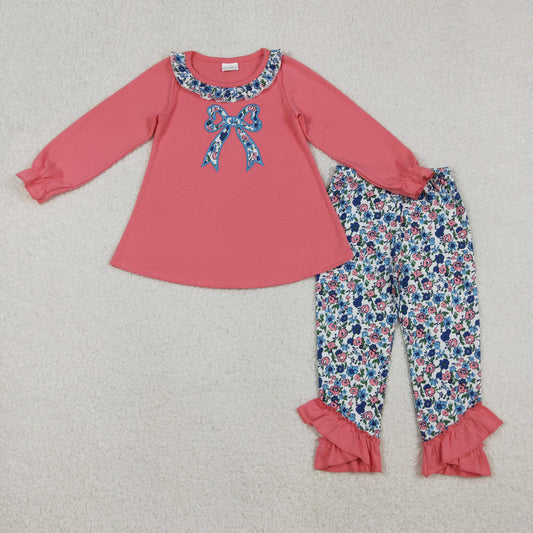 Girls Kids Long Sleeves Embroidery Bows Ruffle Tunic Floral Pants Clothes Set RTS