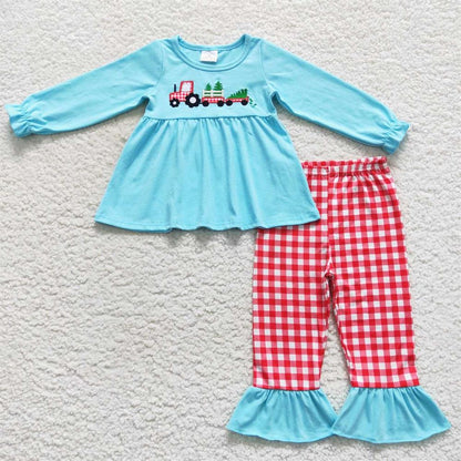 GLP0609 Baby Girl Christmas Embroidery Truck Tree Long Sleeves Tunic Red Plaid Pants Outfit Pajamas