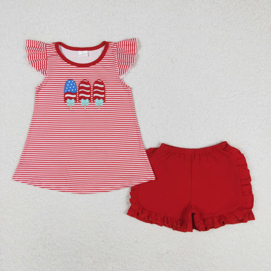 Baby Girl Embroidery Popsicle Stripes Tops Red Shorts July 4th Set