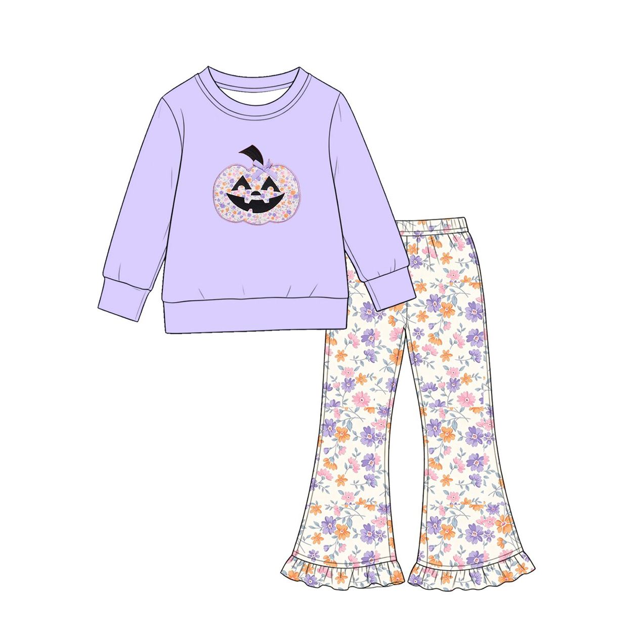 ( Moq 5 ) Preorder Baby Girls Kids Pumpkin Bow Purple Shirt Flower Bell Pants Set Halloween Clothes