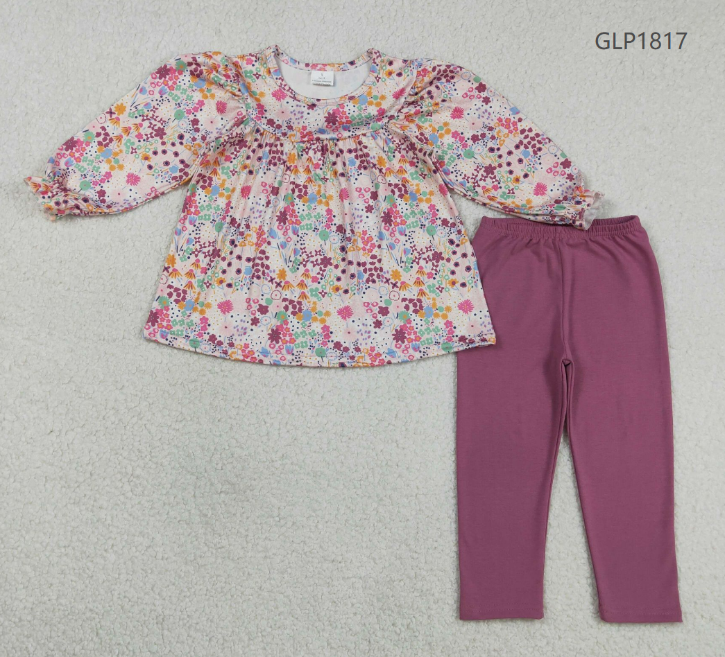 Baby Girls Kids Long Sleeves Floral Tops Purple Pants Clothes Set RTS