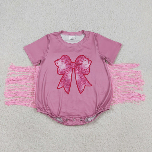 Baby Girl Short Sleeves Bow Tassel Summer Pink Bubble Romper RTS