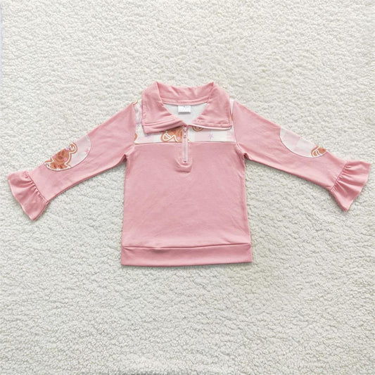 GT0218 Christmas Baby Girl Pink Long Sleeves Gingerbread Zip Pullover Tops