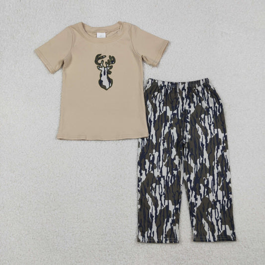Boys Kids Short Sleeves Embroidery Deer Shirt Camo Pants Clothes Hunting Set RTS