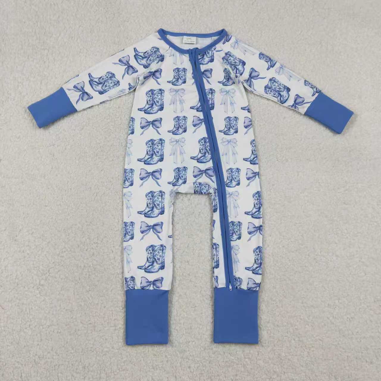 Sibling Baby Girl Long Sleeves Blue Bows Boots Western Zipper Romper Pajamas Clothes Set RTS