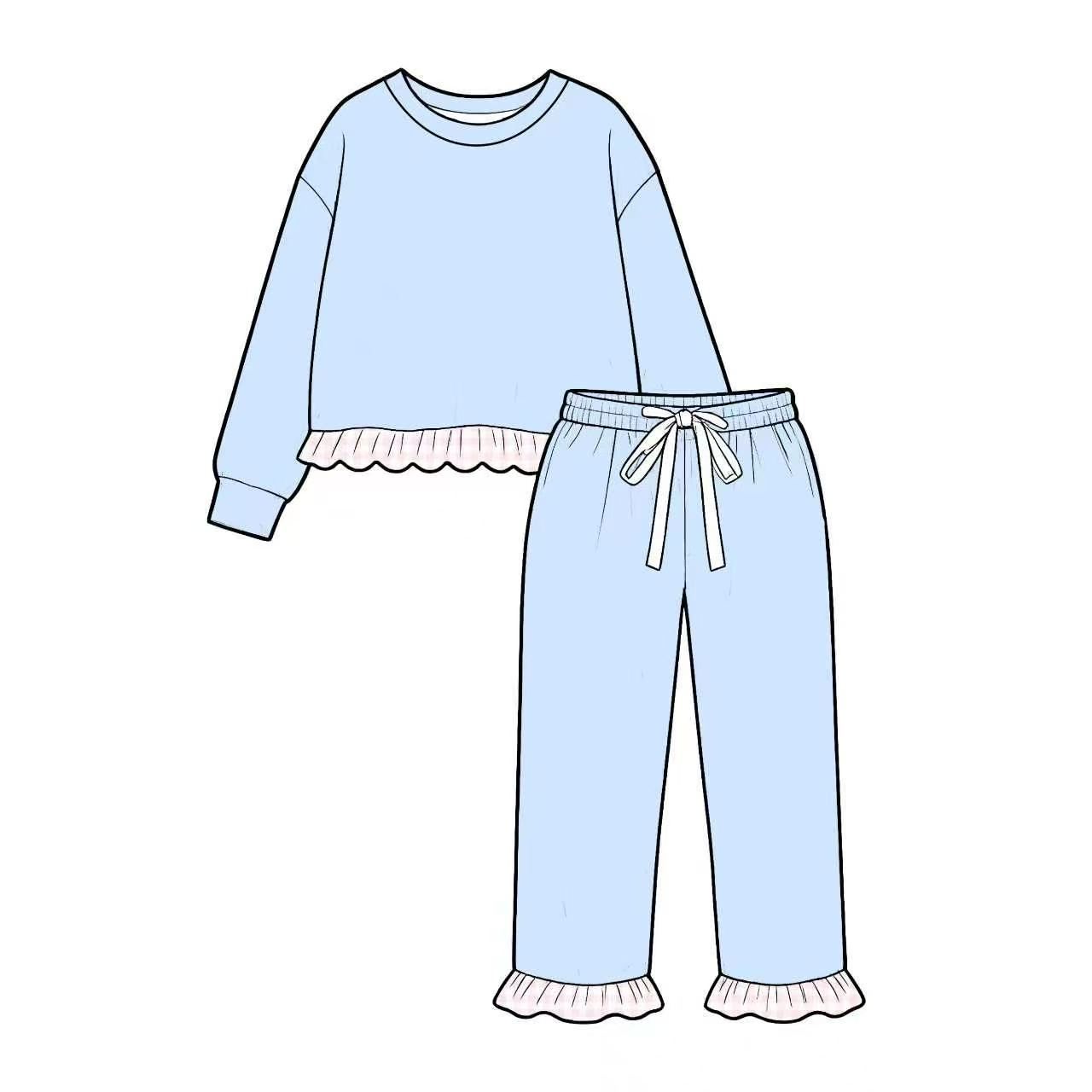 ( Moq 5 ) Preorder Baby Girls Kids Long Sleeves Ruffle Shirt Pants Light Blue Set Cotton Clothes