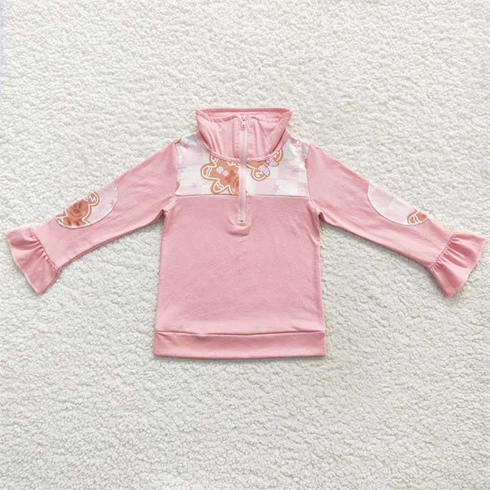 GT0218 Christmas Baby Girl Pink Long Sleeves Gingerbread Zip Pullover Tops