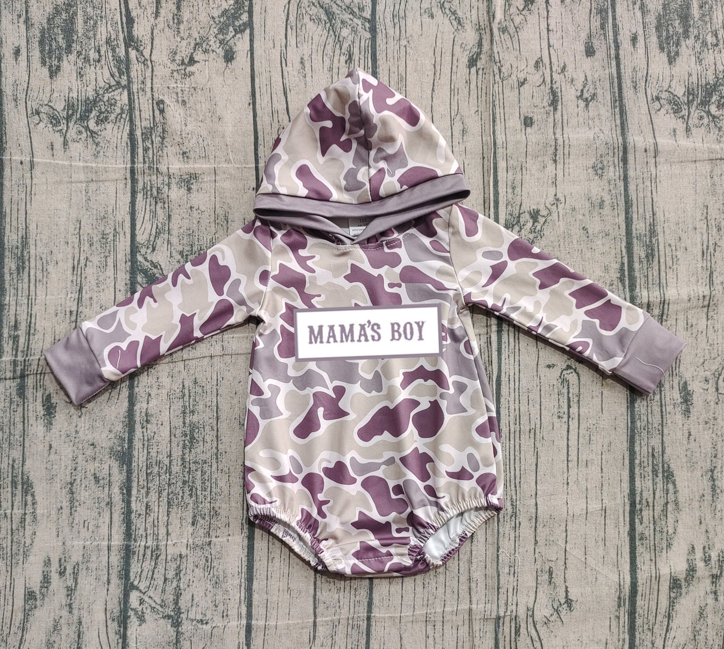 ( No moq ) Preorder Baby Boys Long Sleeves Embroidery Mama's Boy Hoodie Dark Grey Camo Bubble Romper