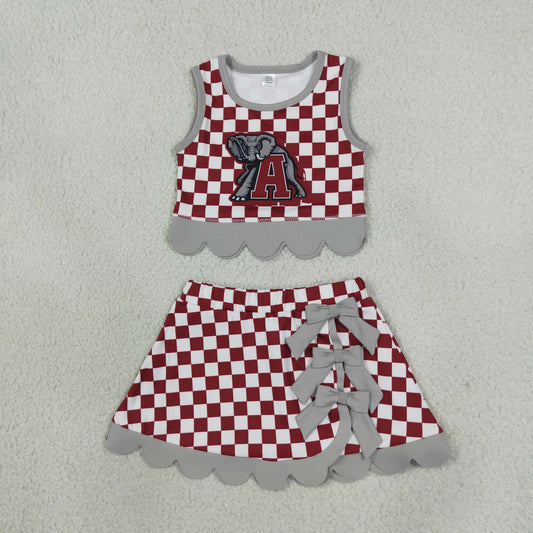 Baby Girls Kids Elephant Checked Shirt Scallop Bows Skirt Shorts Team Set Yoga Active Clothes RTS