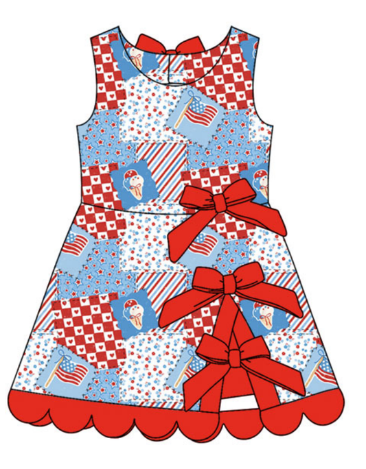 ( Moq 30 ) Baby Girls Kids Sleeveless Flags 4th of July Bows Summer Dress