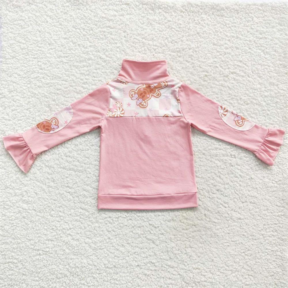 GT0218 Christmas Baby Girl Pink Long Sleeves Gingerbread Zip Pullover Tops