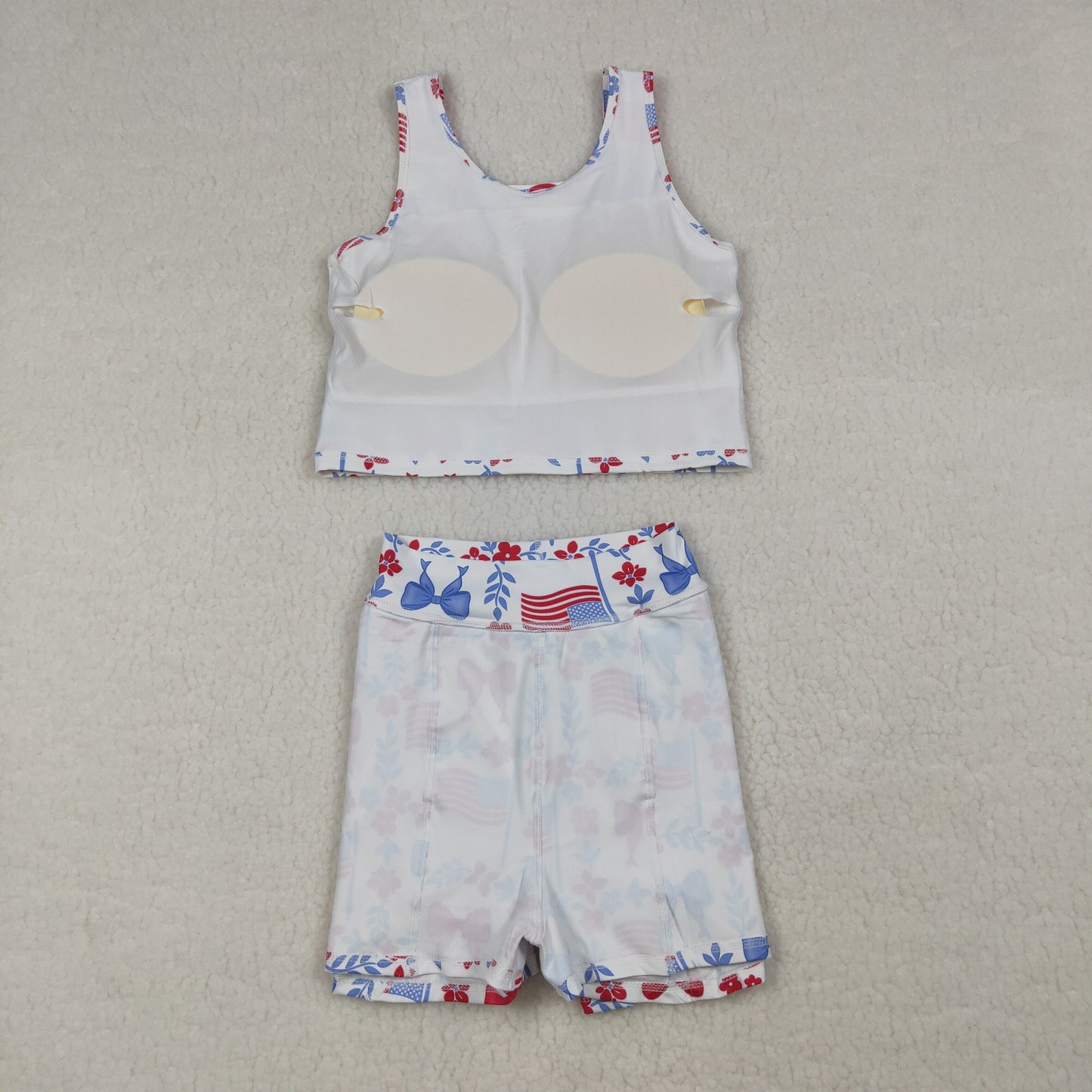 Sibling Baby Girls Kids Sleeveless Flags Bows Flower Shorts Dress Sets 4th of July Clothes RTS