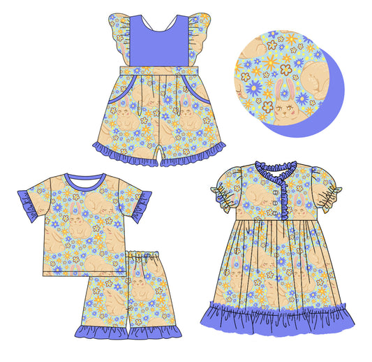 Baby Girl Short Sleeves Rabbits Flower Easter Sibling Jumpsuit Dress Set ( Moq 5 Each Design ) 12.10