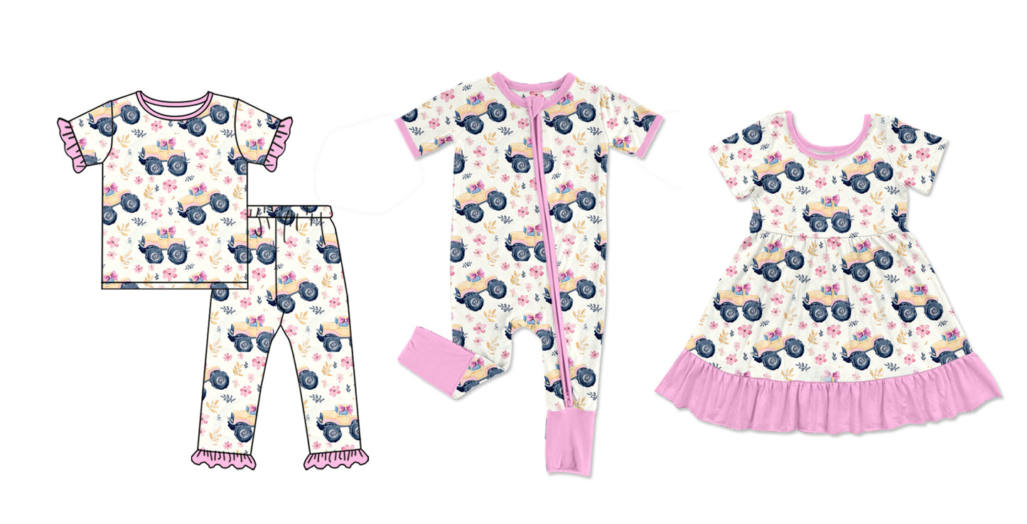 Baby Girl Short Sleeves Trucks Flower Sibling Blue Romper Dress Clothes Set ( Moq 5 Each Design )11.30