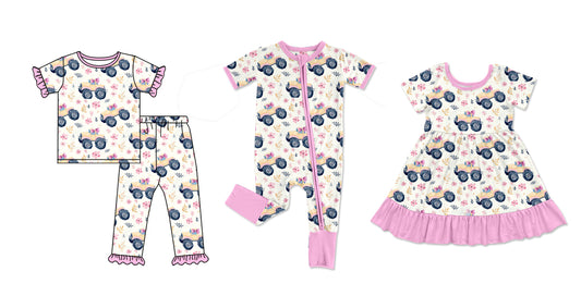 Baby Girl Short Sleeves Trucks Flower Sibling Blue Romper Dress Clothes Set ( Moq 5 Each Design )11.30