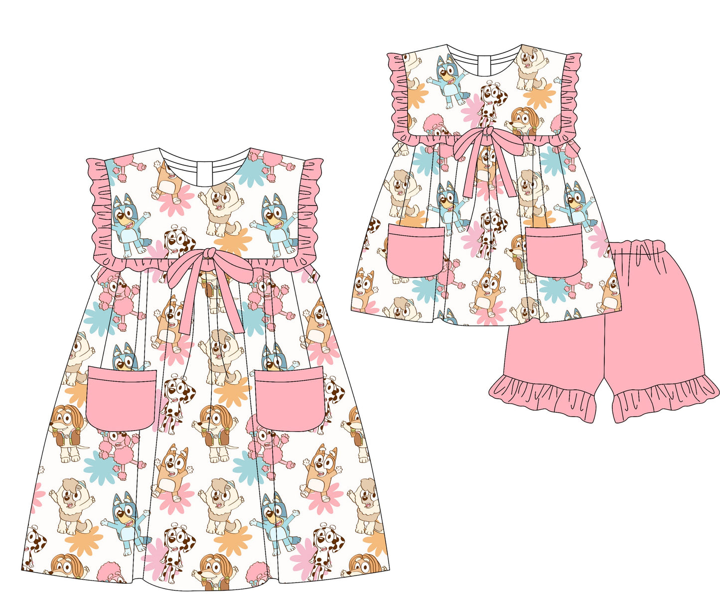 Baby Girl Dogs Flower Pink Pockets Sibling Dress Set ( Moq 5 Each Style ) 3.17