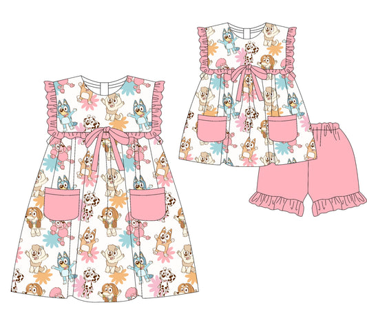 Baby Girl Dogs Flower Pink Pockets Sibling Dress Set ( Moq 5 Each Style ) 3.17
