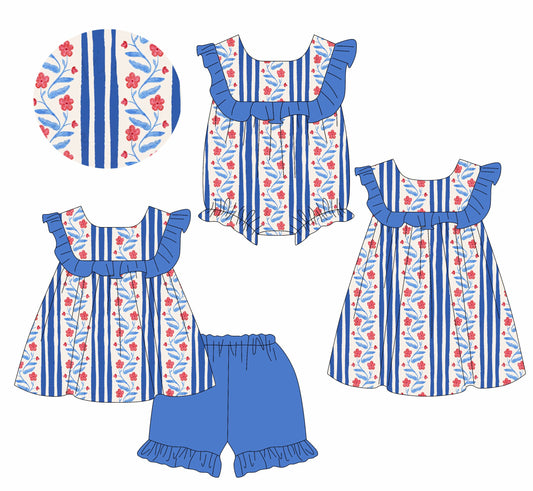 Baby Girl Flower Blue Ruffle July 4th Rabbits Sibling Romper Dress Set ( Moq 5 Each Style ) 1.24