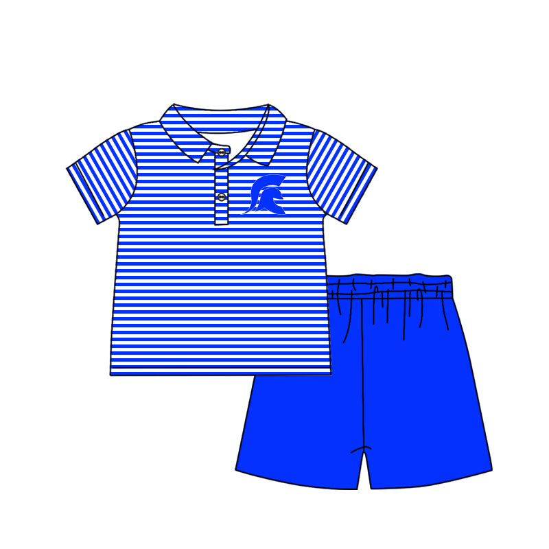 Baby Boy Short Sleeves Team Stripes Buttons Shirt Blue Shorts Set Moq 5