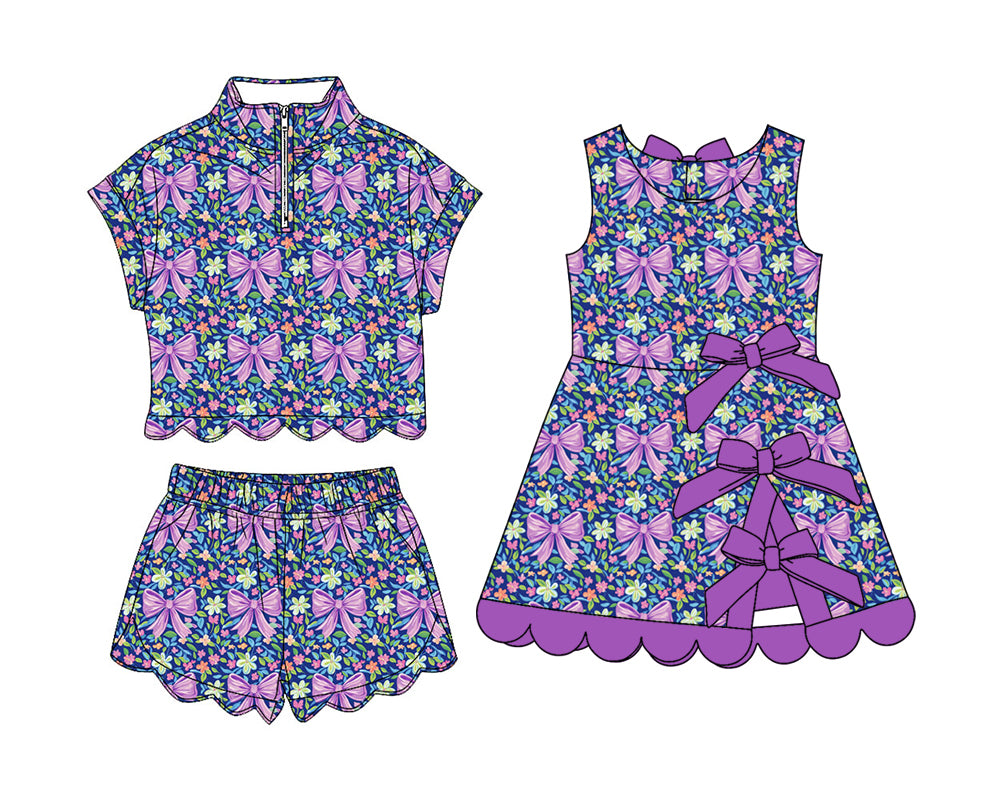 ( Moq 30 Each Style ) Sibling Baby Girls Kids Purple Bows Flower Zipper Shirts Scallop Shorts Set Dress Clothes
