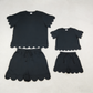 Sibling Baby Girls Adult Women Short Sleeves Black Cotton Shirts Shorts Scallop Sets Summer Clothes RTS