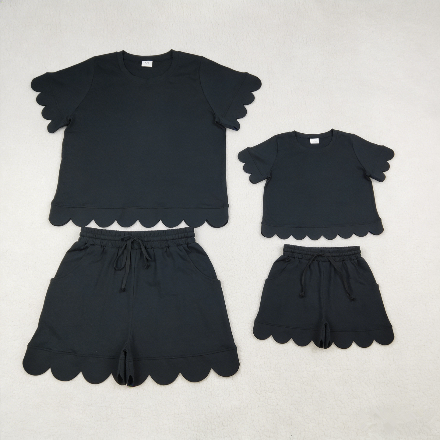 Sibling Baby Girls Adult Women Short Sleeves Black Cotton Shirts Shorts Scallop Sets Summer Clothes RTS