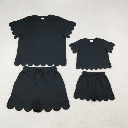 Sibling Baby Girls Adult Women Short Sleeves Black Cotton Shirts Shorts Scallop Sets Summer Clothes RTS