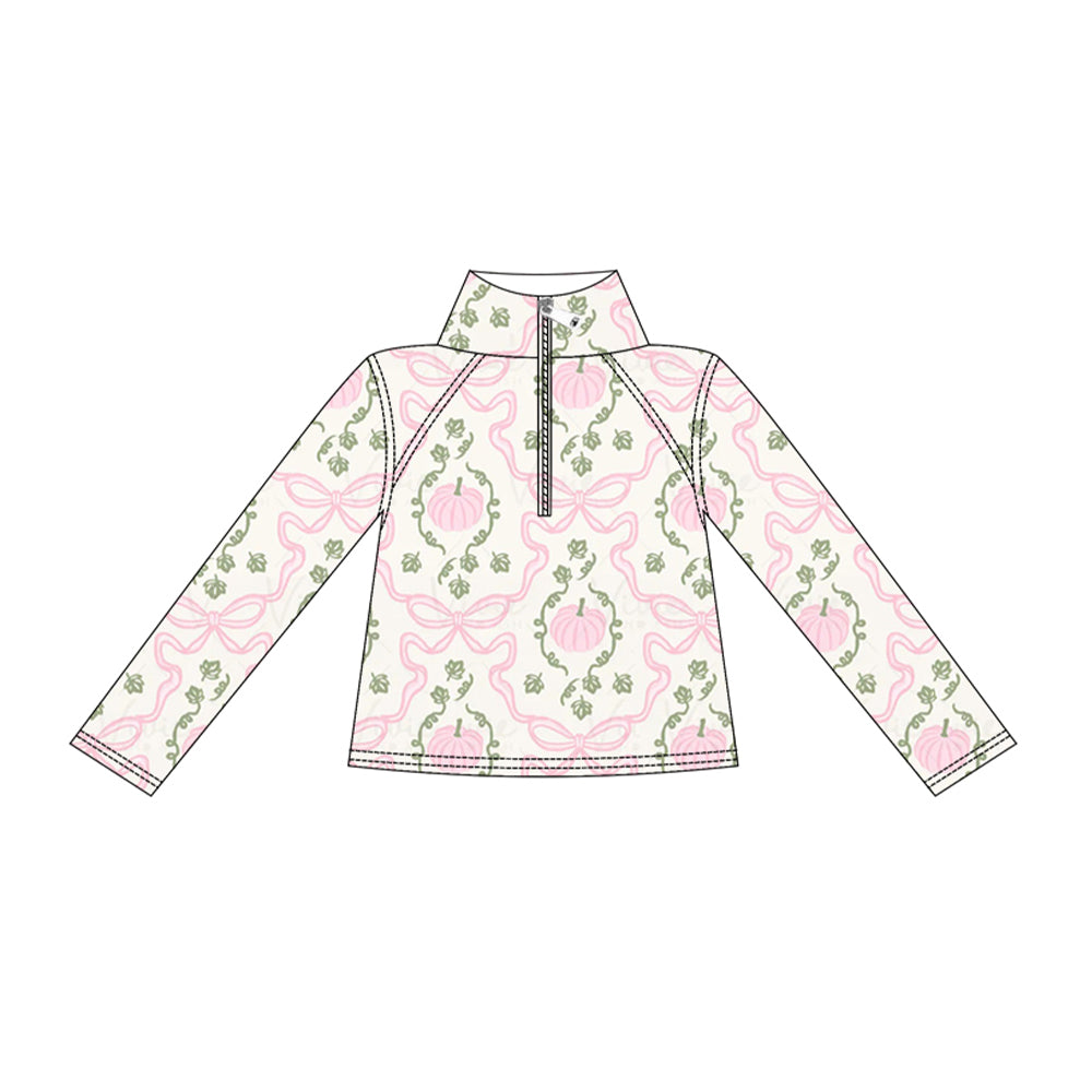 ( Moq 5 ) Preorder Baby Girls Kids Long Sleeves Pink Pumpkins Bows Zipper Yoga Pullover Fall Shirt