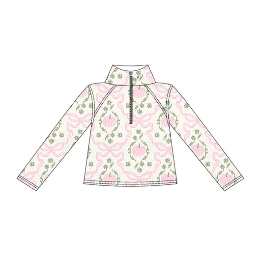 ( Moq 5 ) Preorder Baby Girls Kids Long Sleeves Pink Pumpkins Bows Zipper Yoga Pullover Fall Shirt