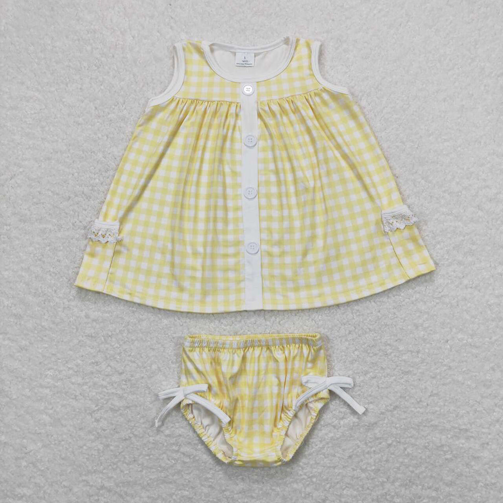 Baby Girl Sleeveless Sibling Sister Checkered Pocket Tops Bummies Sets