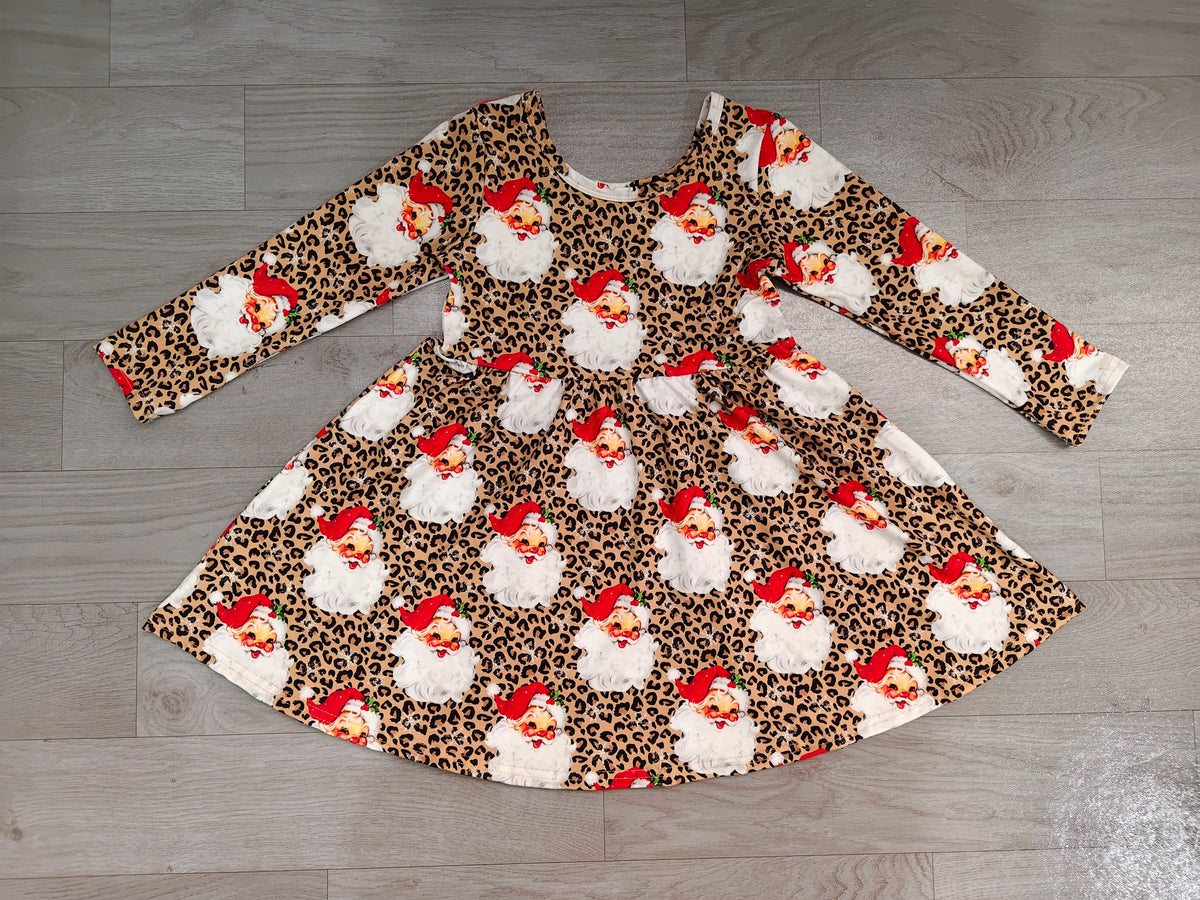 ( No moq ) Preorder Baby Girls Long Sleeves Santa Leopard Christmas Ruffle Dress Clothes