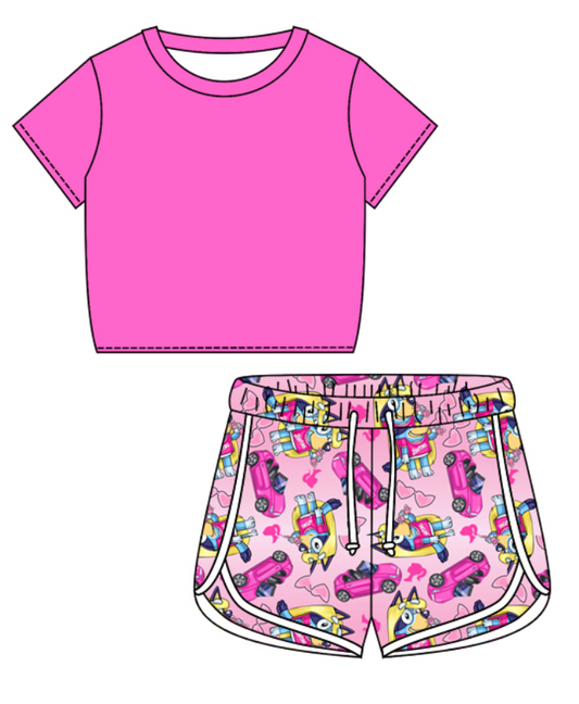 Baby Girl Short Sleeves Pink Shirt Doll Dogs Shorts Clothes Set Moq 5