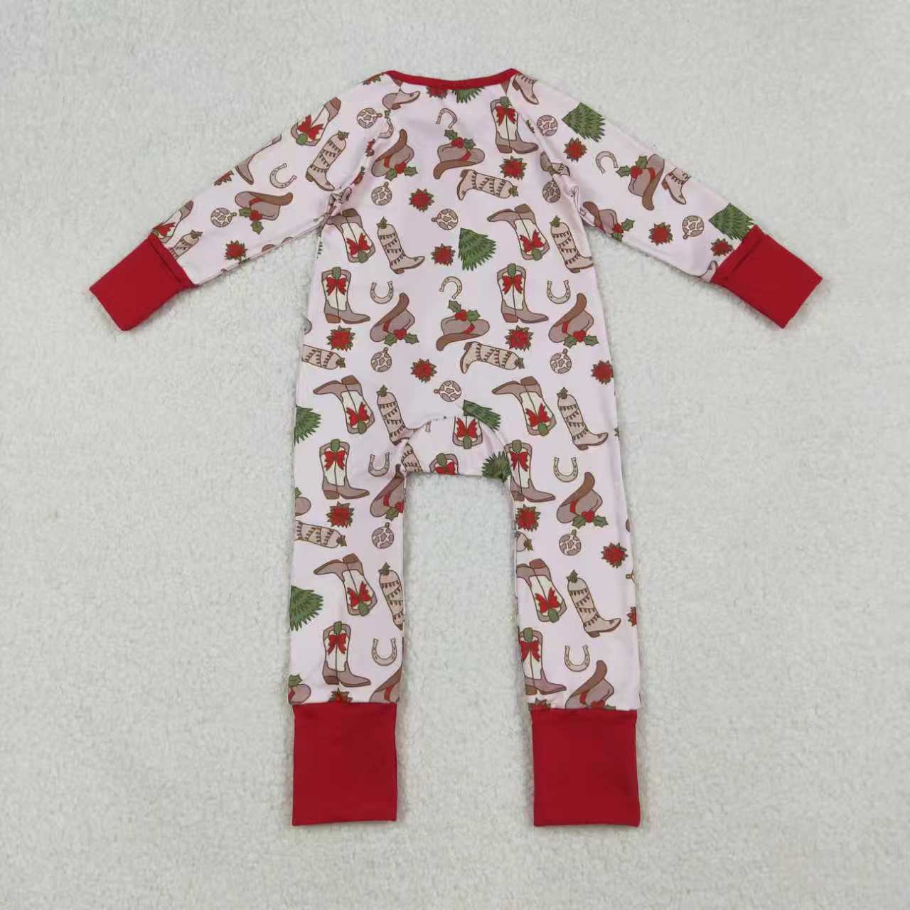 Sibling Girls Kids Long Sleeves Bows Boots Western Zipper Romper Christmas Pajamas Set RTS